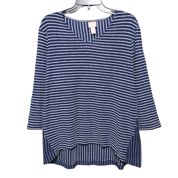 Chico's Blue Spliced Stripe High Low 3/4 Sleeve Top Women Size Extra Large XL - Picture 10 of 11